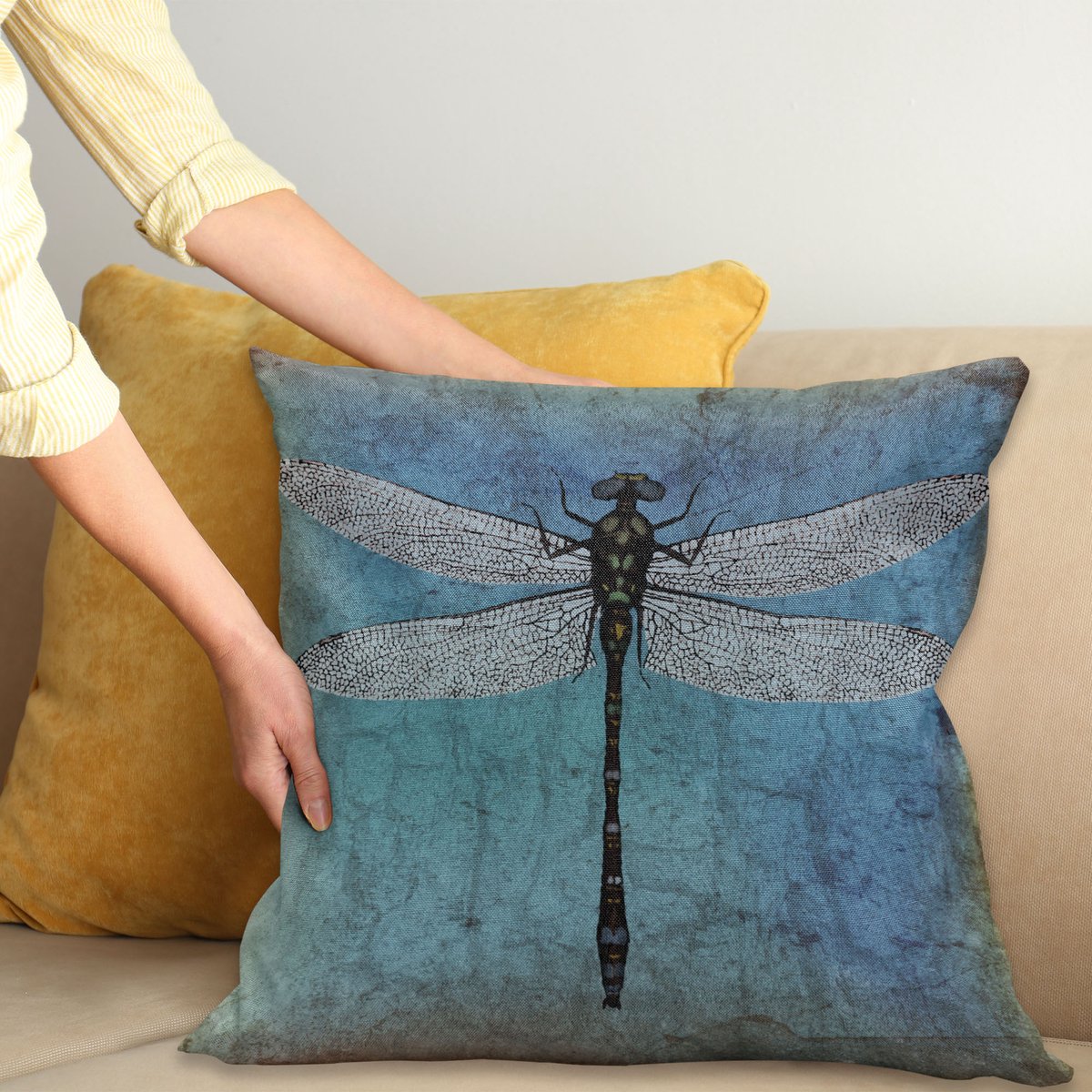 ABAKUHAUS Grunge Kussenhoes, Dragonfly Bug Turquoise, Kussenhoes met Dubbelzijdig Patroon, Heldere Digitale Print, Kleurecht, met Ritssluiting, 40 x 40 cm, Turquoise Donkerblauw