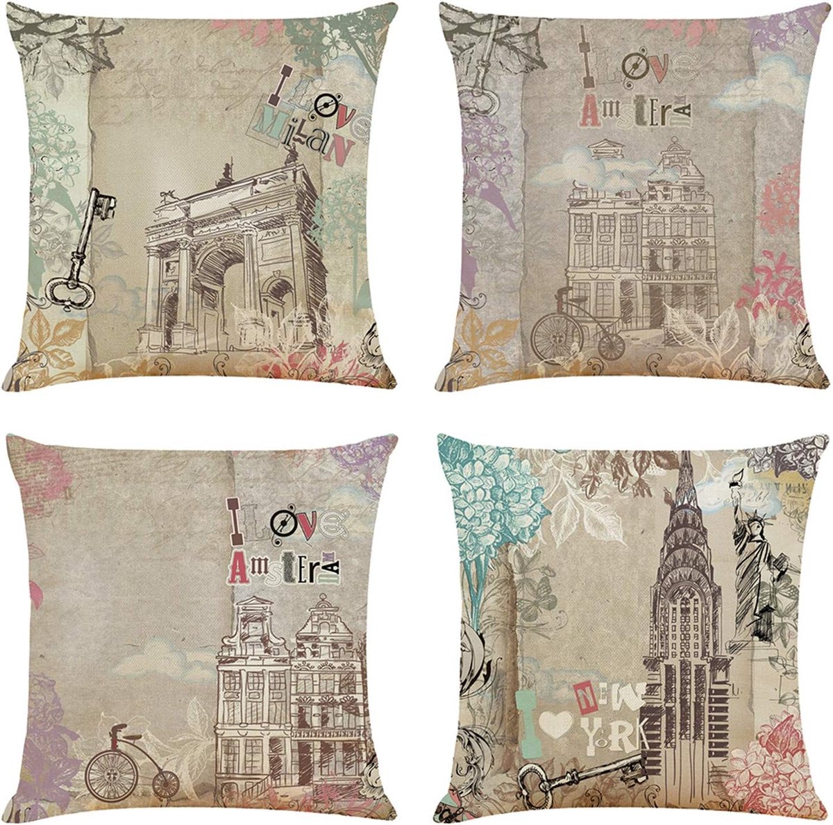 Kussensloop 18 × 18 Inch 4 Stuk Romantische stad Serie Kussensloop Linnen Linnen Sofa Cover Sofa Cover Halloween Decoratie Gooi Kussensloop