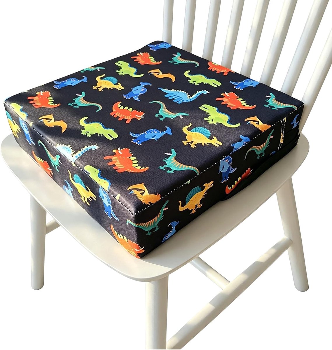 Stoel voor kinderen, peuters, eetkamerstoel, verhoger, kussen, wasbaar, zitverhoging, kinderstoel met 2 veiligheidsgordels, anti-slip bodem voor thuis onderweg, 32 x 32 x 8 cm