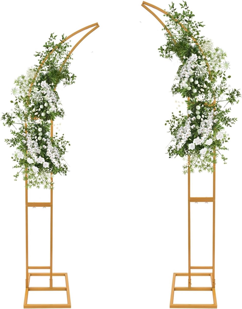 Boog-achtergrondstandaard, gebogen bovenkant, bruiloftsboogset, 2 stuks (2,1 m + 1,9 m), halve maan bruiloftsboog, frame voor ceremonie, babyshower, verjaardag, jubileum (goud)