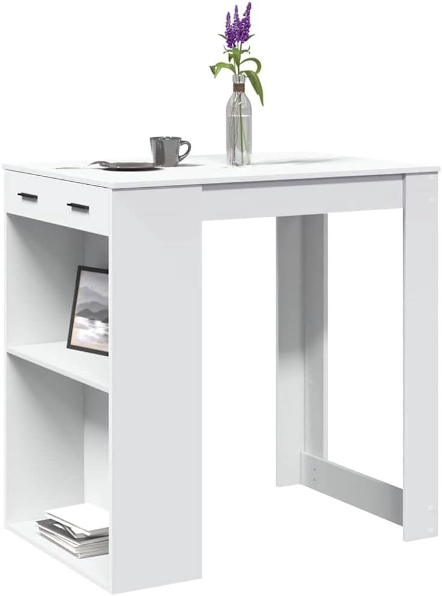 Bartafel, wit, 102 x 70 x 103,5 cm, houtmateriaal, met 2 planken en 1 lade, opbergruimte voor keuken, woonkamer, eetkamer, duurzaam, robuust, onderhoudsvriendelijk, vochtbestendig