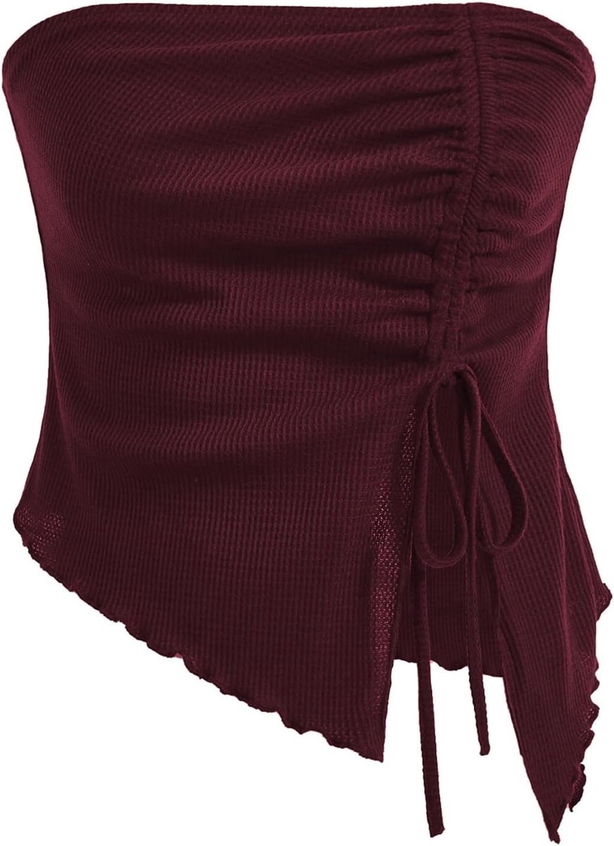 Strapless tanktop voor dames, split top met trekkoord, onregelmatig gaas, slank, effen kleur