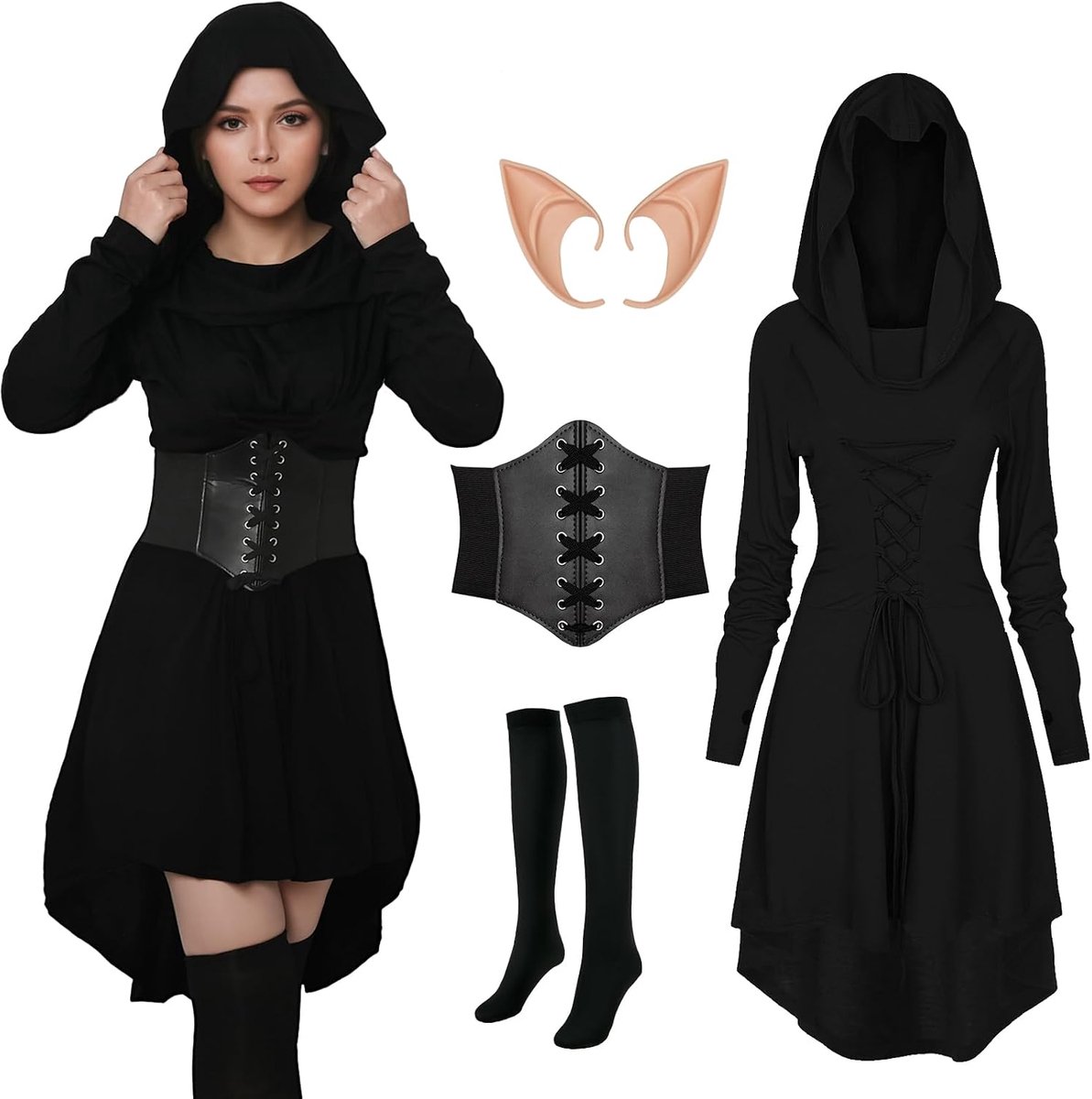 4 stuks renaissance-kostuum voor dames, gothic, middeleeuwse kleding, capuchonjurk met korset voor Halloween-feestjes