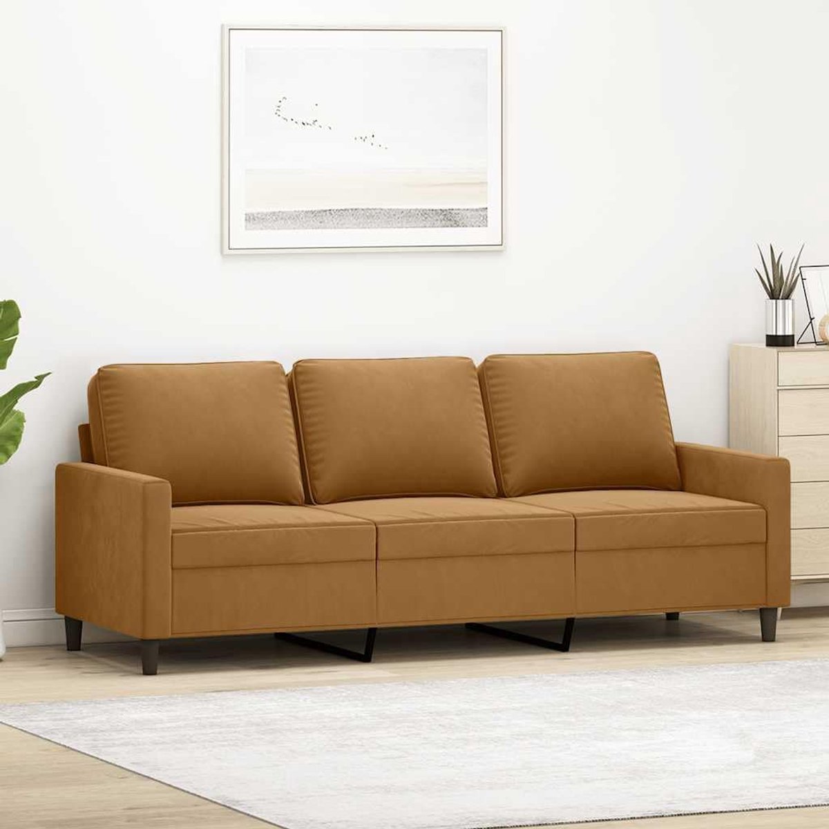 3-zitsbank, bruin, 180 cm, fluwelen stof met metalen frame voor de woonkamer, zacht velours bank met vulling voor comfort, modern design