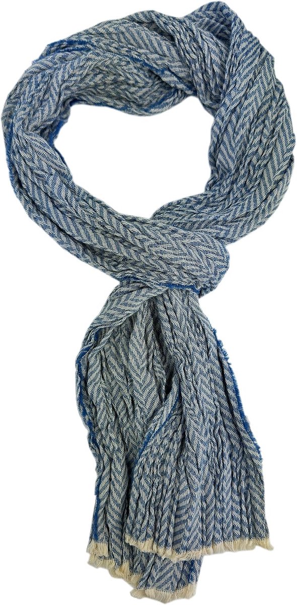 Katoenen sjaal damessjaal herensjaal kreuklook visgraat patroon dun in blauw wit Made in Germany, blauw, wit, 175 x 15 cm (L x B)