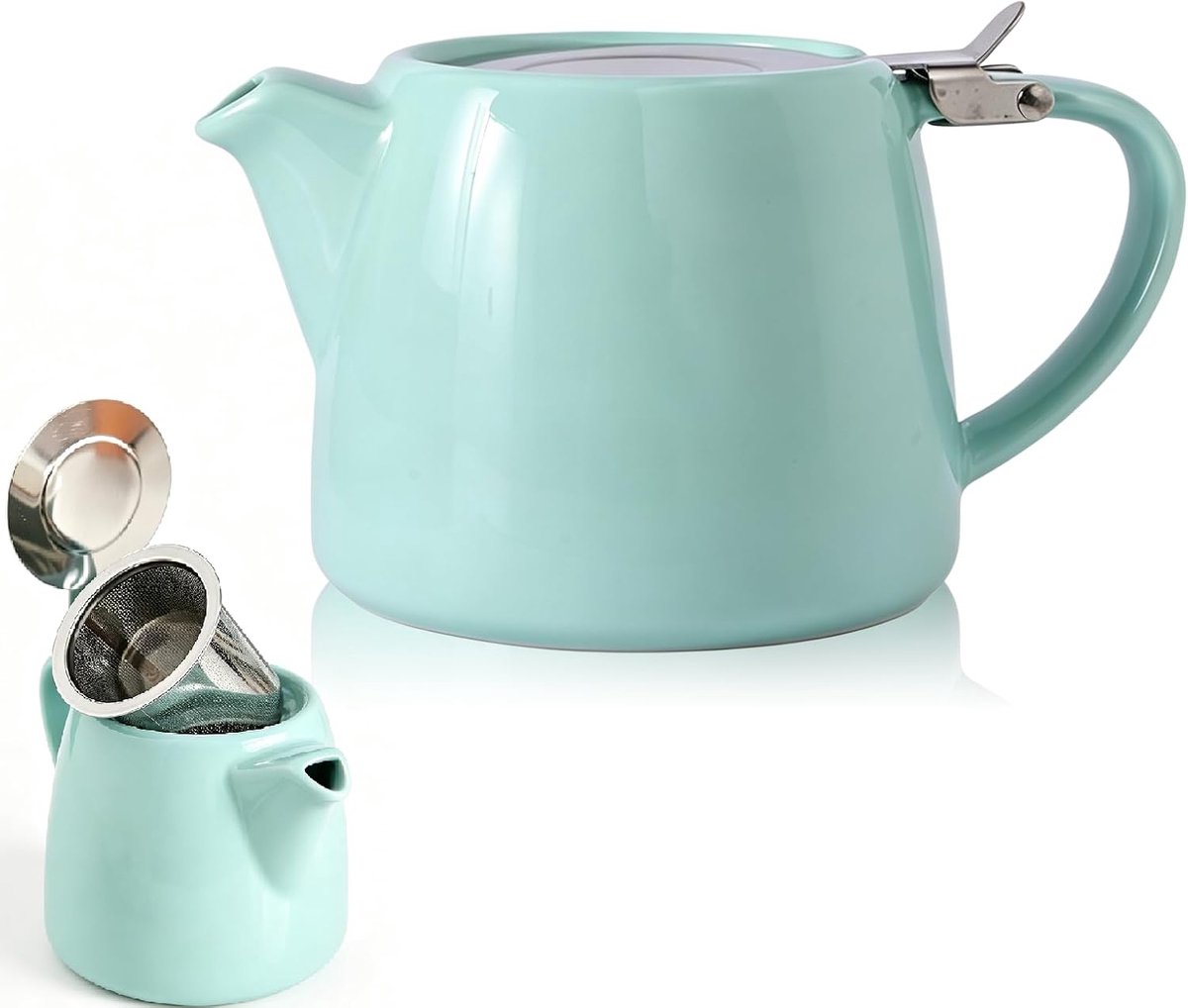 Theepot: 620 ml keramische theepot met roestvrijstalen zeef, lichtgroen geglazuurde stompe theepoten voor losse thee voor 2 kopjes, voor thuis en op kantoor, vaatwasmachinebestendig