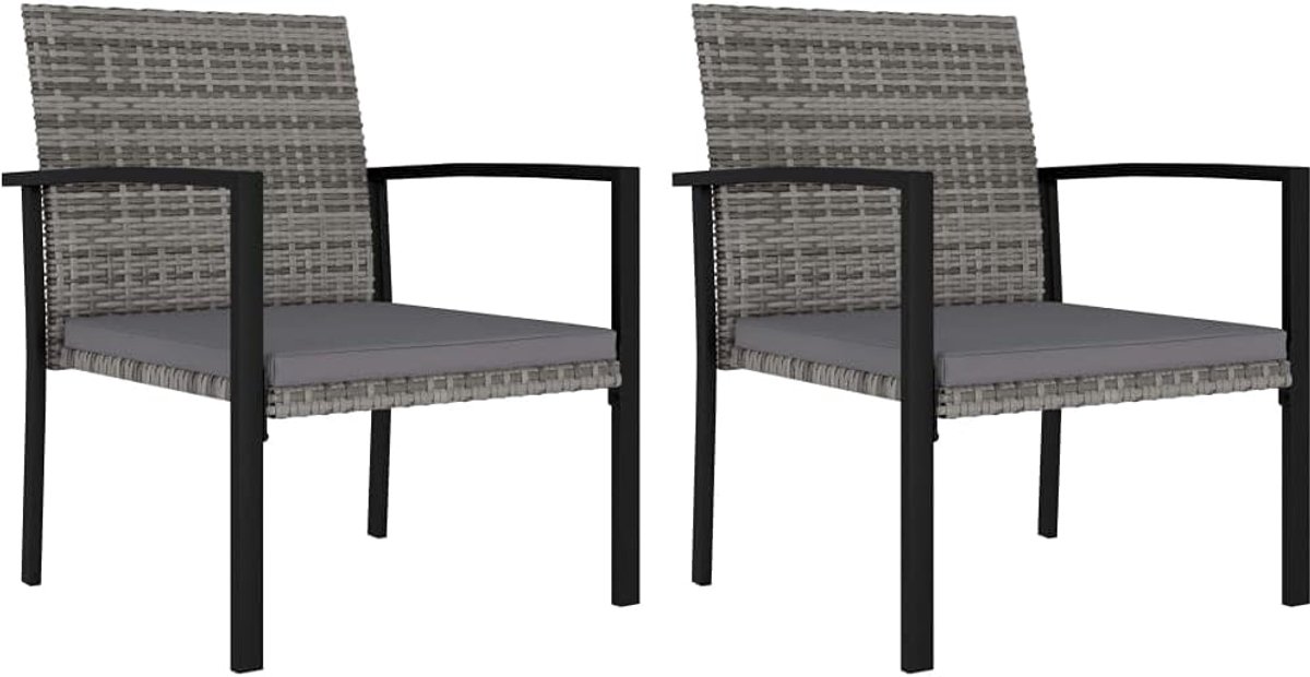 2 STK. Tuinstoelen met zitkussen, grijs, polyrotan, buitenstoelen voor buiten, weerbestendig