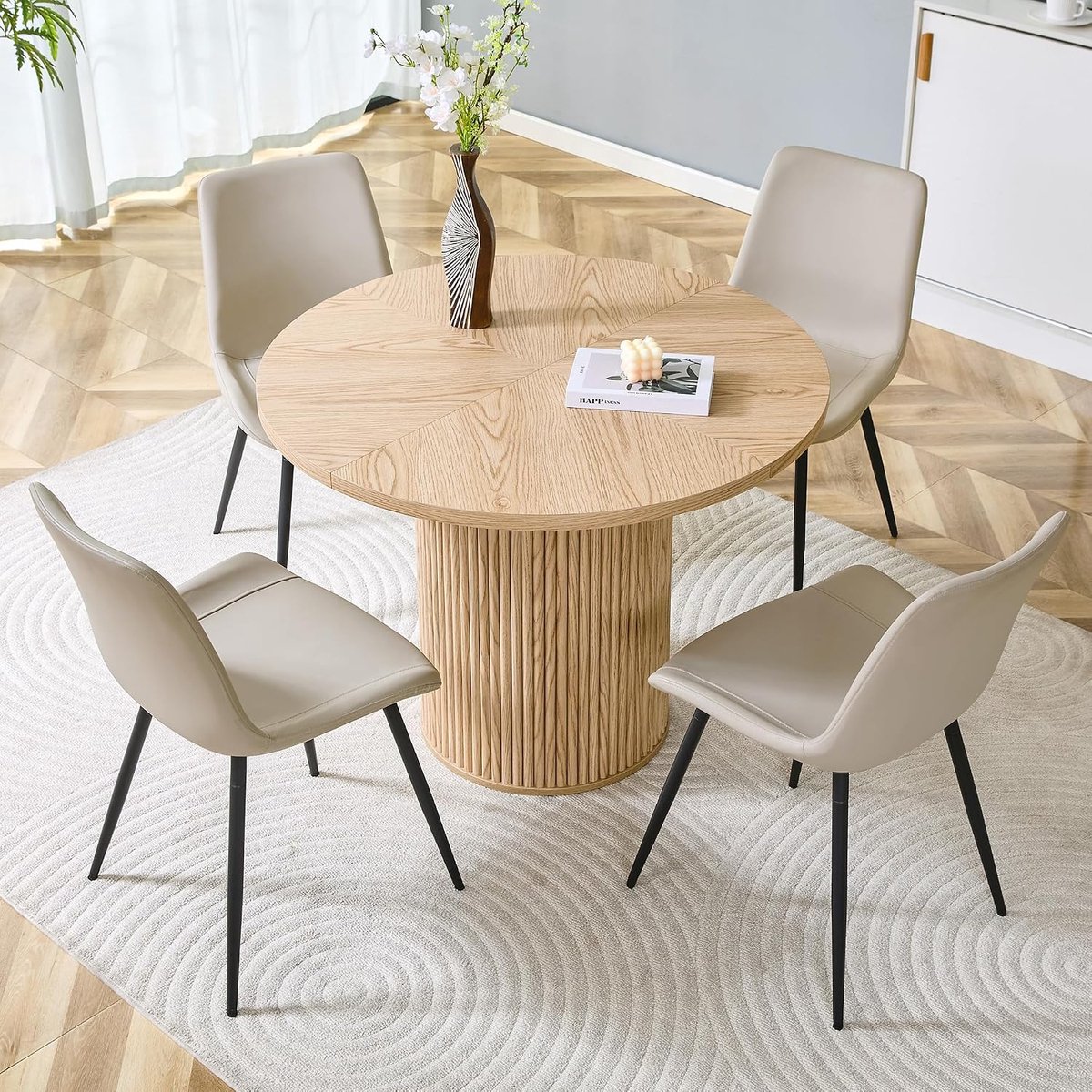 Eettafel met 4 stoelen, 100 cm eetgroep van MDF in houtlook, stabiele ronde tafel met cilindersokkel, modern en Scandinavisch (4 stoelen + 1 tafel, natuurlijk hout)