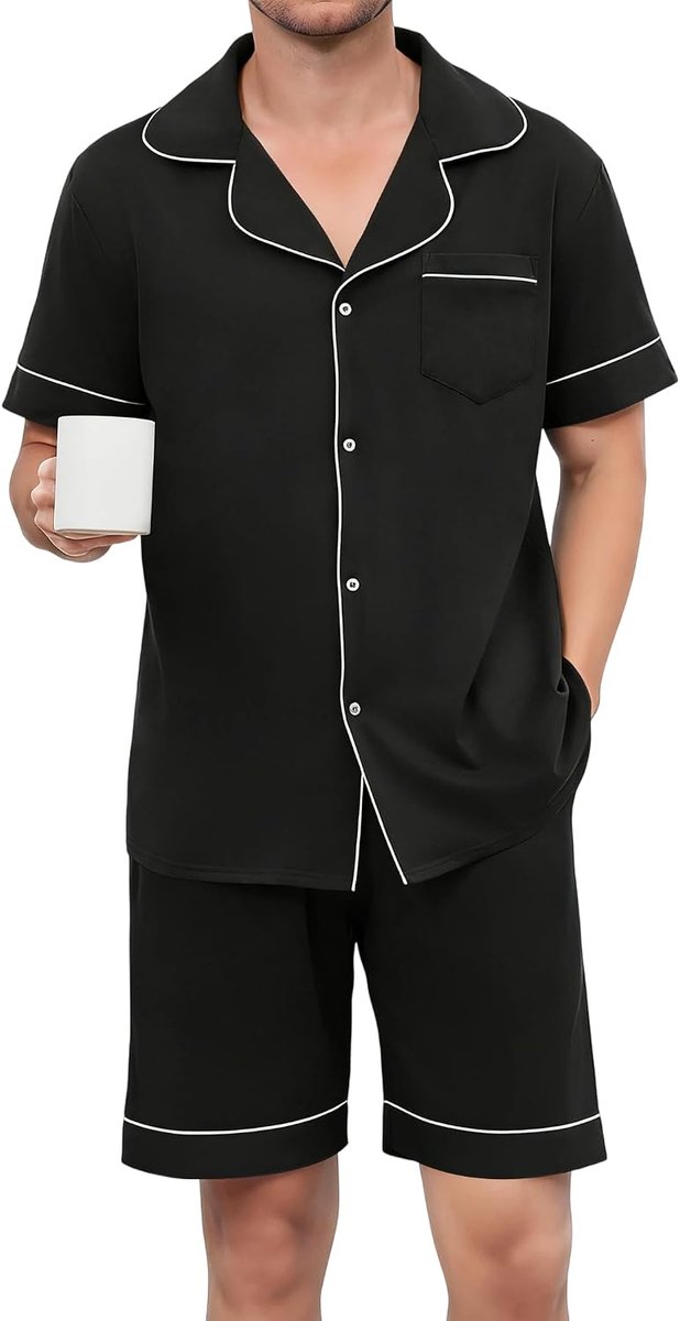 Pyjama heren katoen Korte pyjama voor heren, pyjamaset met V-hals, T-shirt en pyjamabroek, tweedelige set met knoopsluiting, loungewearset en zakken