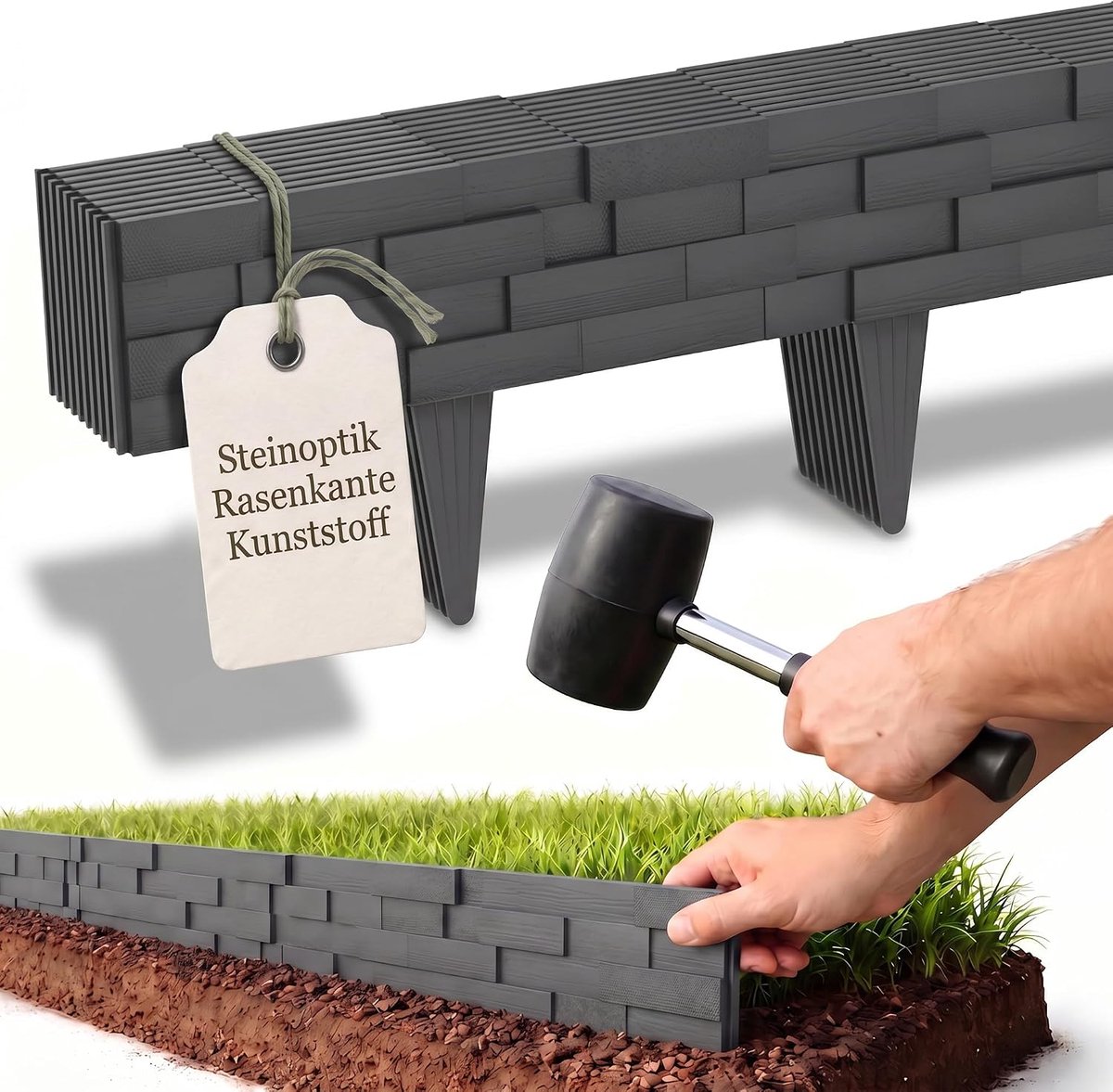 Bloembedomranding, 25 m, natuurlijke steenlook, tuinpalissade, onderhoudsvriendelijke gazonbegrenzing voor landschapsarchitectuur, antraciet, 25 stuks