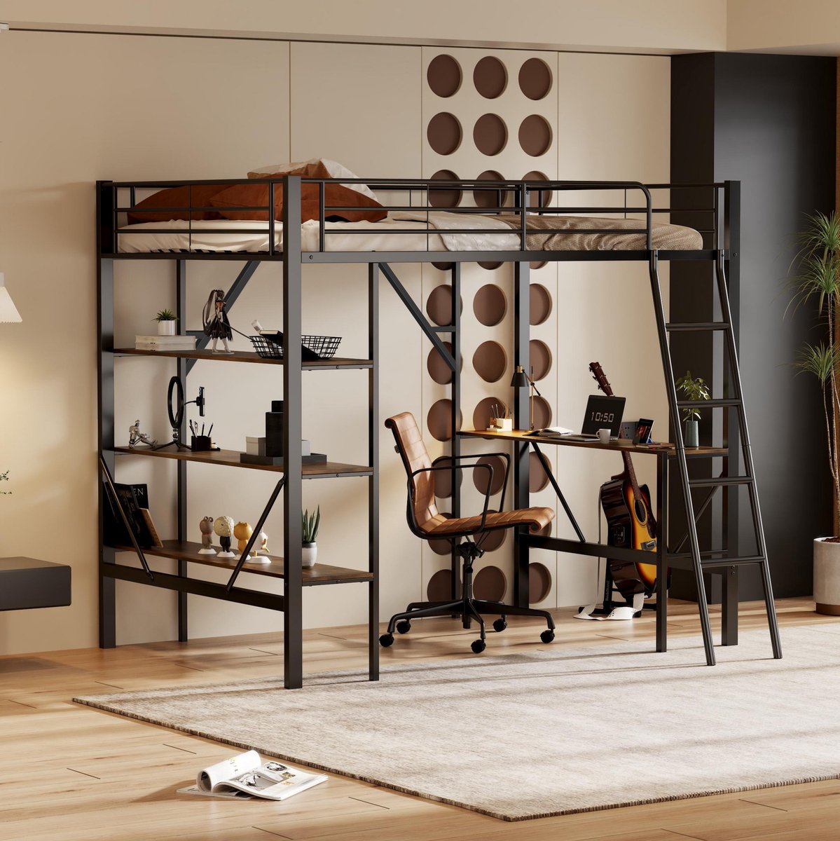 WUVRIE Hoogslaper 90x200 cm met bureau, 3 opbergplanken, ladder en valbeveiliging, zwart