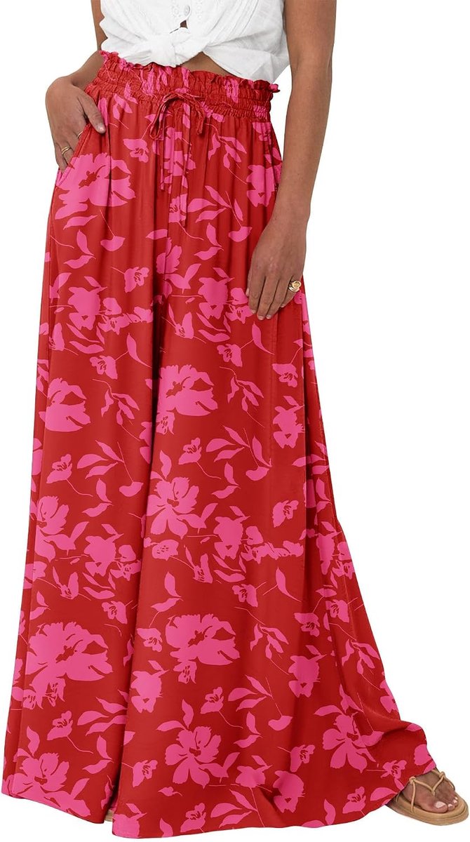 Broek voor dames, wijde pijpen, zomerbroek, lichte palazzo-broek, elegante wijde broek, comfortabele baggy hoge taille, vrijetijdsbroek, boho-bloemen/effen stof, strandbroek met zakken