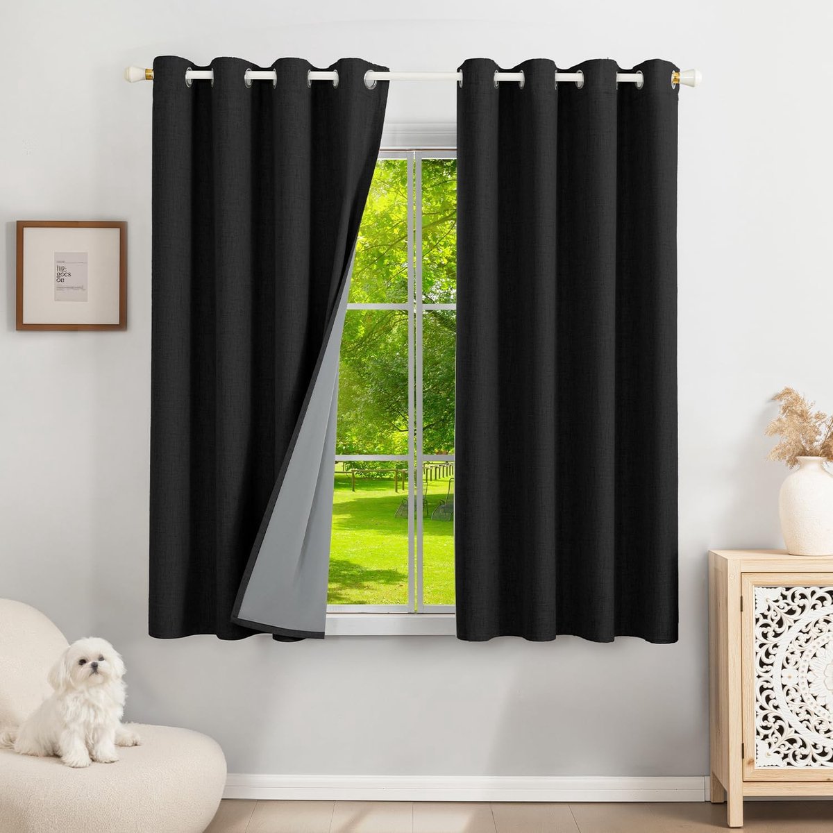 100% Verduisteringsgordijnen Linnen Gordijnen met Ogen 2-delige Set, Thermogordijn Hittebescherming H 140 x B 120 cm, Linnenlook Gordijnen Lichtdicht Zwart Geluidsisolatie voor Slaapkamer