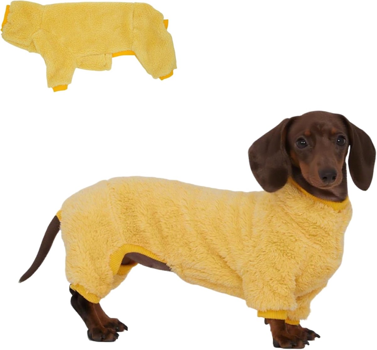 Fleece-overall met teckel-motief, rolkraagpullover, geschikt voor teckel, winter, zacht, comfortabel, hondenpyjama, kleding (Geel, XL)