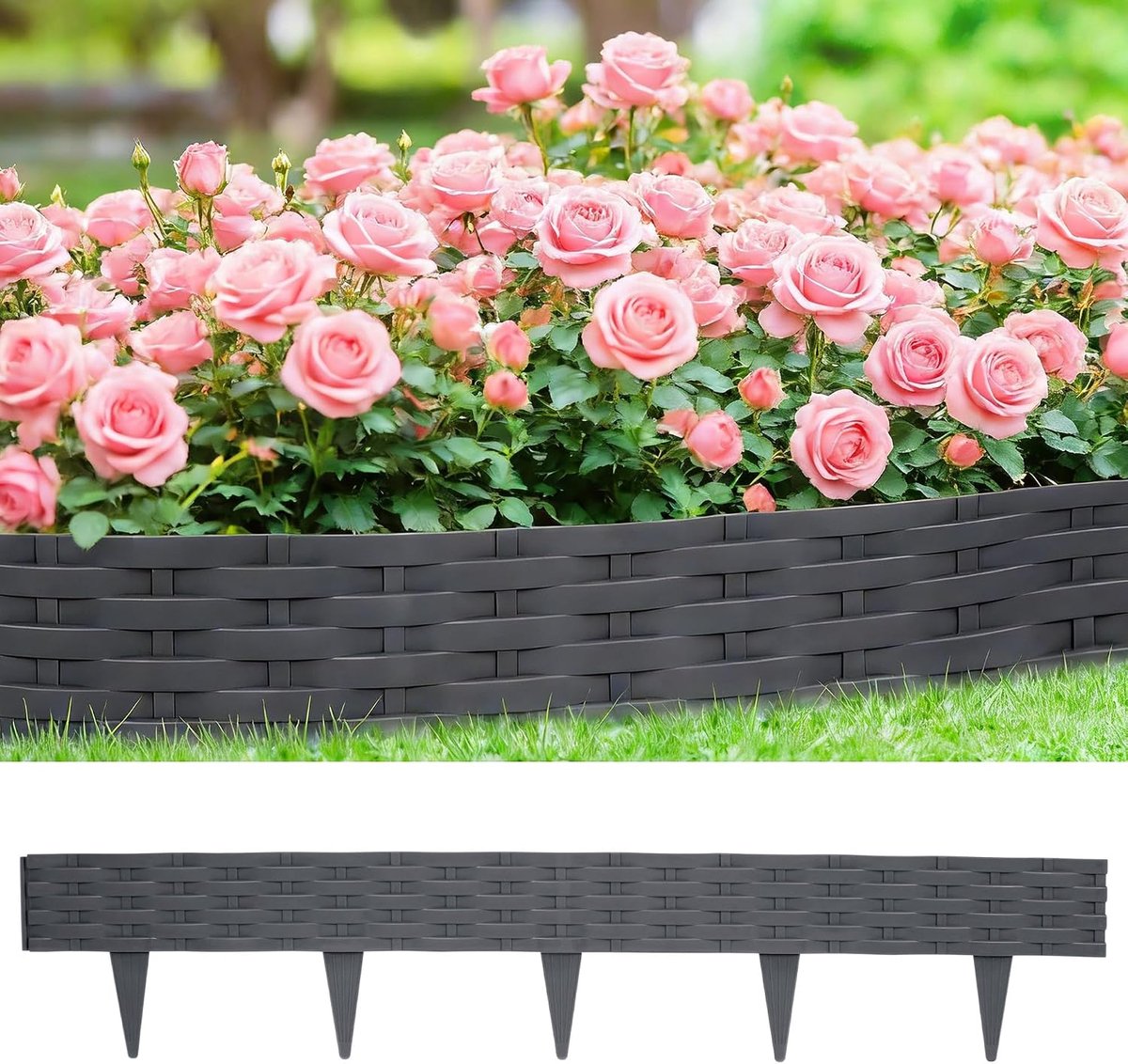 Gazonrand, kunststof, 50 m, rotan-look, bloembedomranding, buigbare maaikanrand, bloembegrenzing, flexibel voor de tuin, gazonranden, 1 element 100 x 20 cm (50 stuks, antraciet)