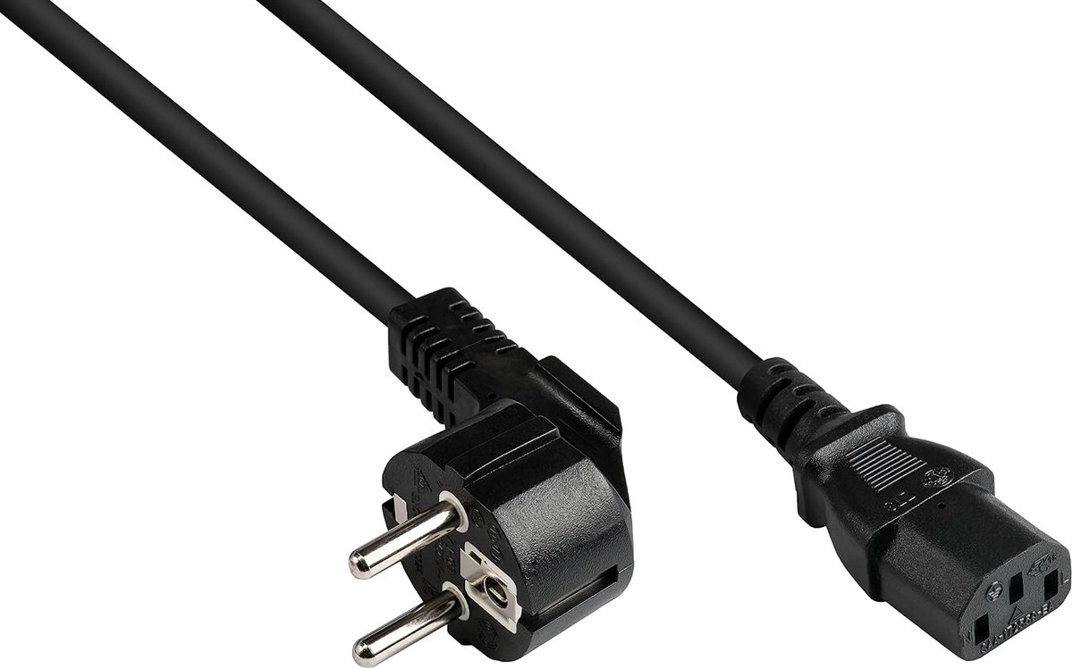 - 7,5 m - geaarde stekker type E+F (CEE 7/7, hoek) aan C13 koudeapparaat aansluiting (recht) - koperen geleider CU - 1,50 mm² - koudapparaatkabel voor pc, monitor, enz. - zwart