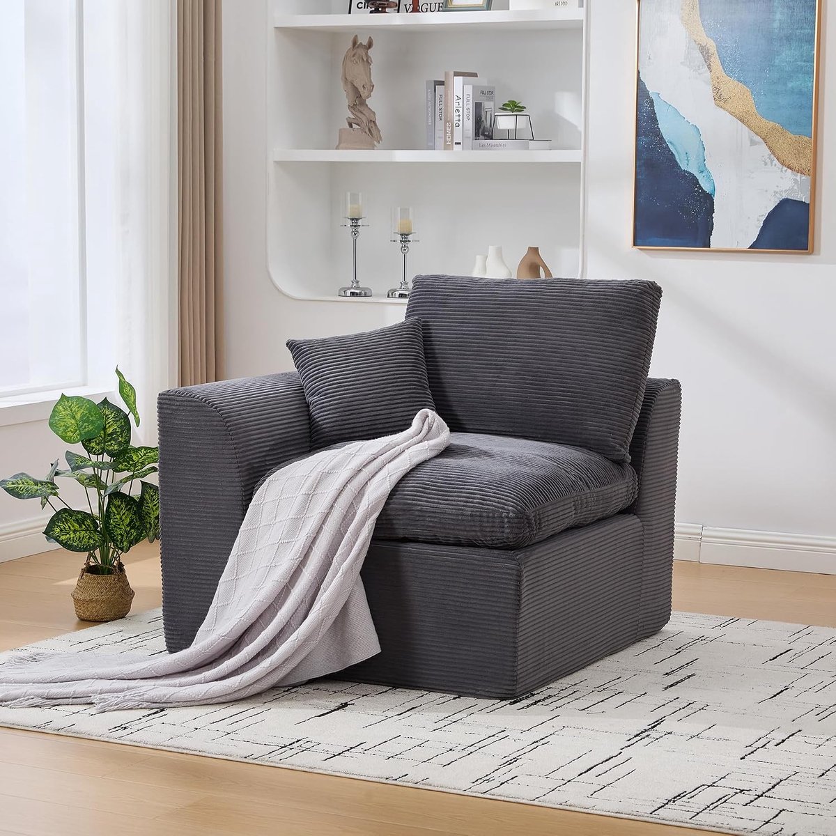 2-zitsbank, modulaire bank, corduroy sofa met kussen, vrijetijdsbank in Scandinavische stijl, woonkamer, geen montage nodig, corduroy, donkergrijs, 1-zits