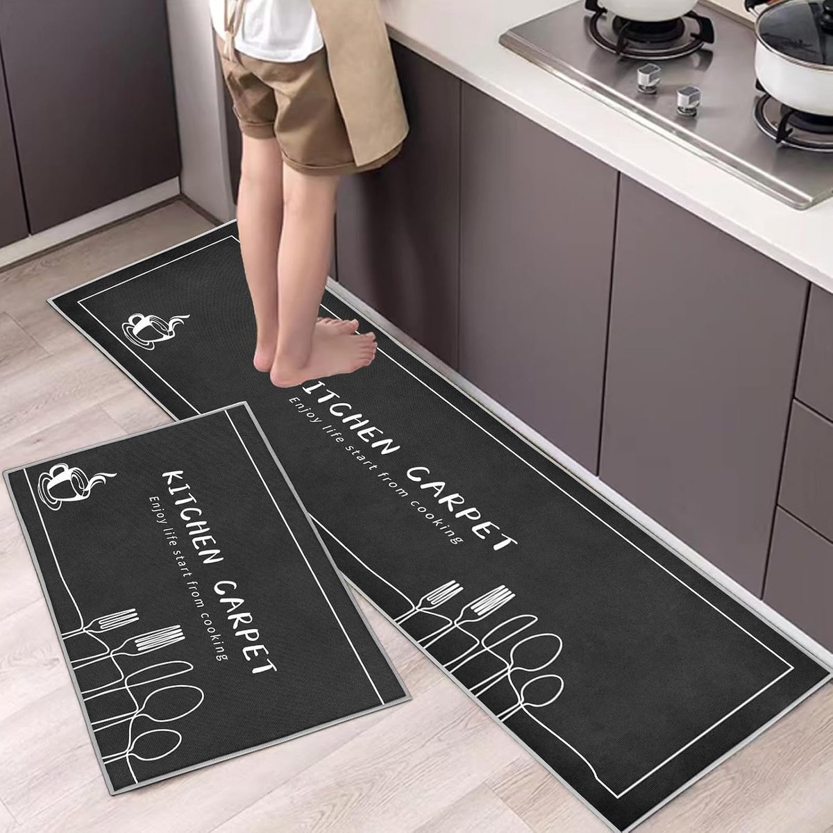 set van 2, antislip keukenmatten, water- en olieabsorptie, keukenmatten, deurmatset, stofdicht deurmat voor binnen, 40 x 60 + 40 x 120 cm (Vork Grijs)