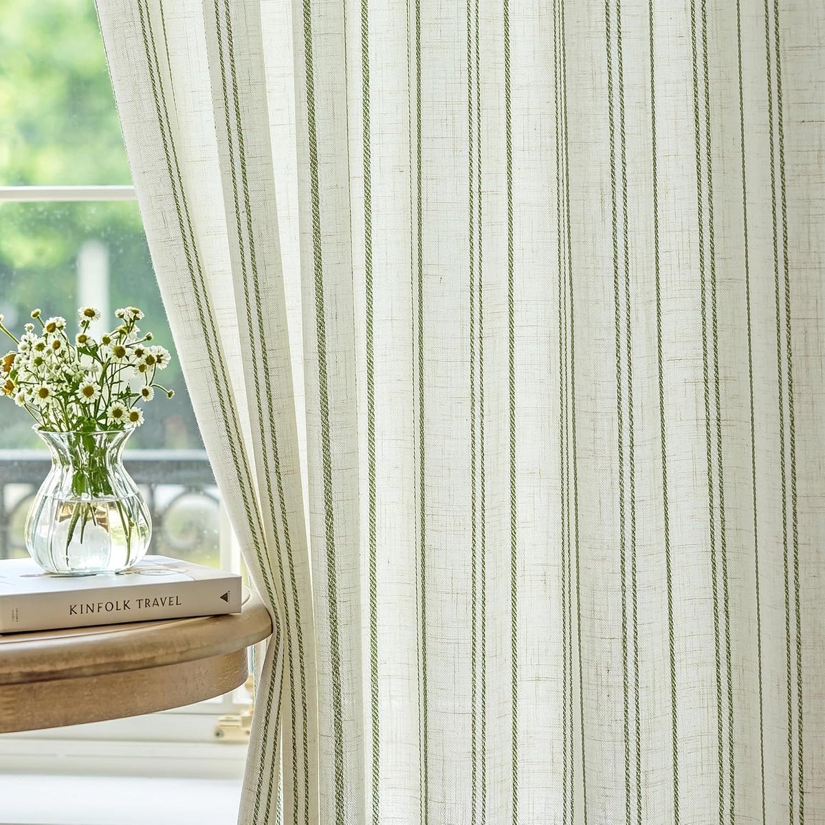 Gordijnen ogen beige met groene strepen linnenlook 225cm 2-delig