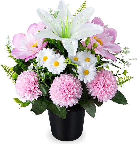 Kunstmatige begraafplaatsbloemen in potten, kunstmatige chrysanten-lelies madeliefjes met pot, gedenkgrafbloemen voor begraafplaats, begrafenis, outdoor grafdecoratie (1 stuk, wit & roze)