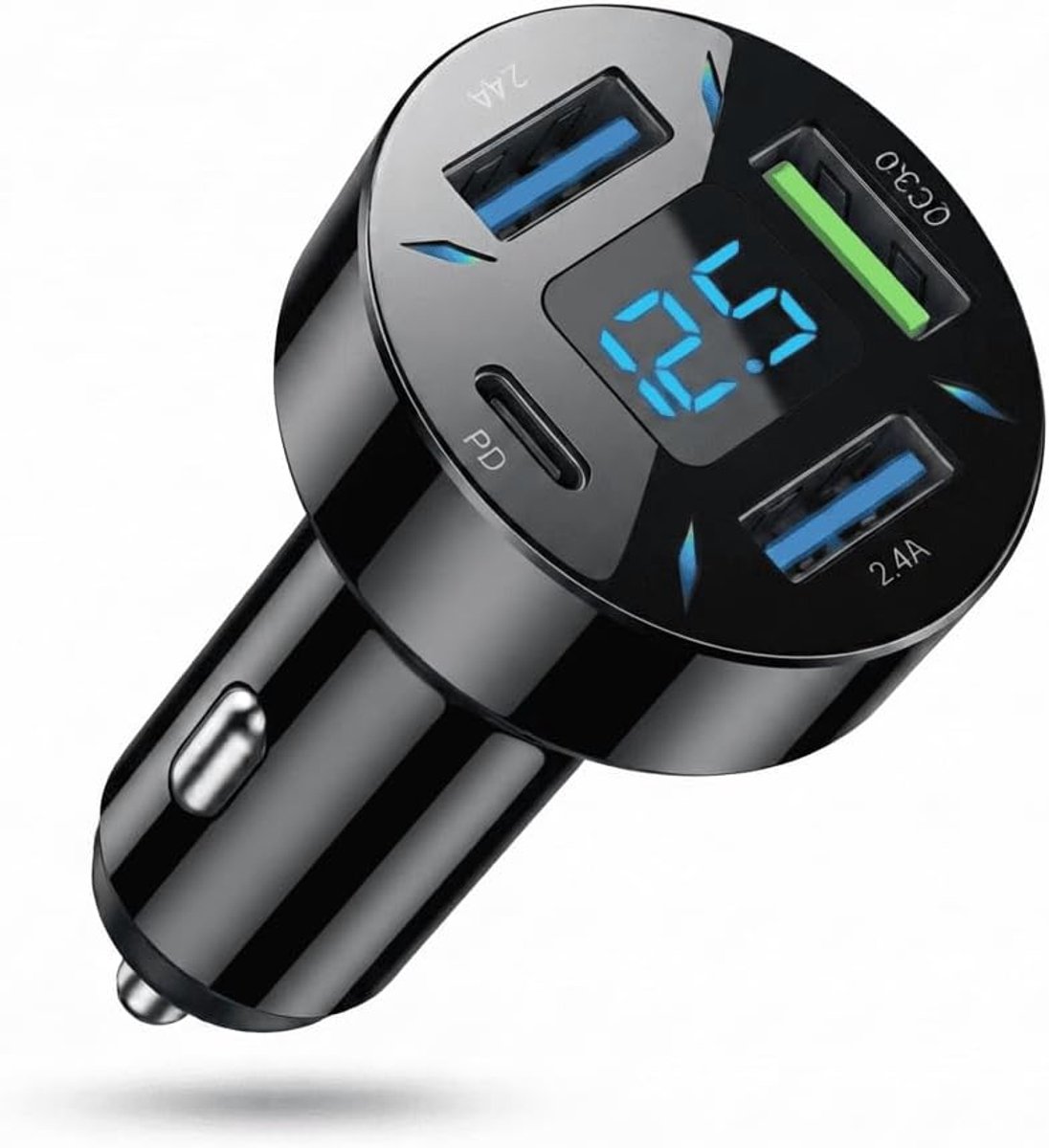 4-poorts USB C auto-oplader adapter voor sigarettenaansteker, 50 W QC3.0 PD snellader met led-voltmeter, 12 V USB-aansluiting, compatibel met iPhone, Android, Samsung, tablet en alle smartphones