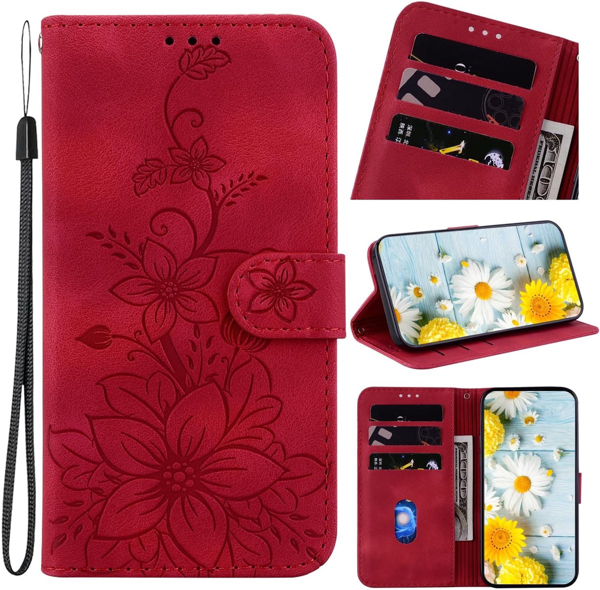 Hoesje voor iPhone 16 6,1 inch 2024 PU-lederen hoesje met kaartsleuf en standfunctie, magnetisch fliphoesje voor iPhone 16 6,1 inch 2024 - Rode lelies