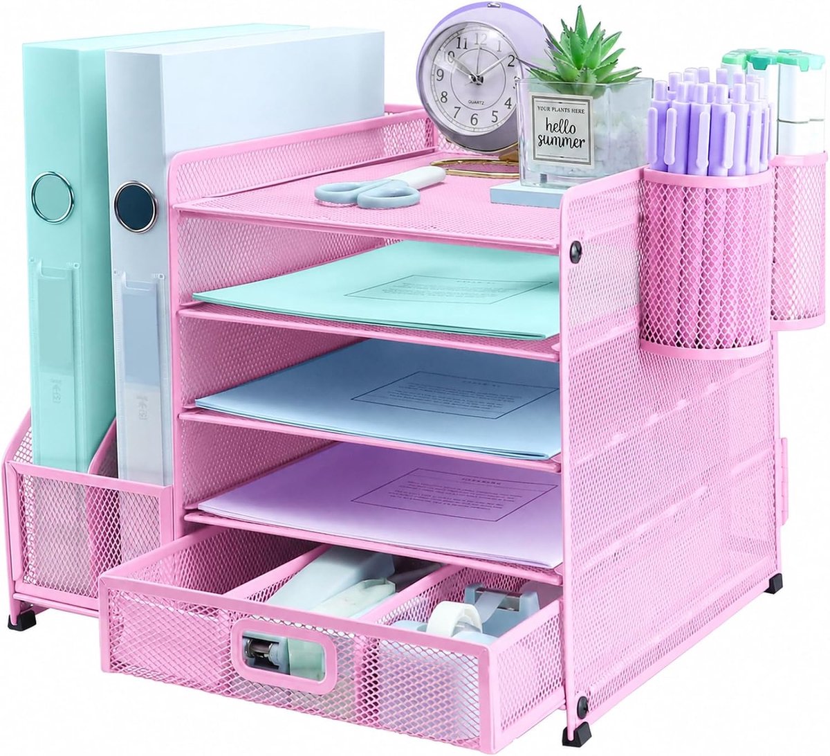 Bureau-organizer, bestandshouder met 2 pennenhouder, 5-laags papieren brievenbak-organizer met lade, mesh-desktopopslag met tijdschriftenhouder voor kantoorbenodigdheden, roze