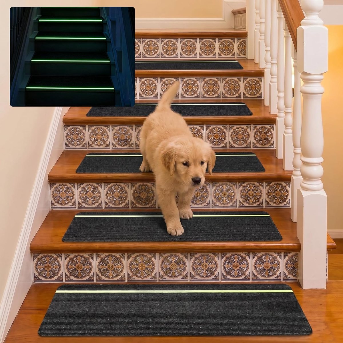 15 stuks trapmatten met Glow Dark strepen, trapmatten zelfklevend, 76 x 20 cm, voor houten trappen, TPE-achterkant, 100% polyester, traptapijt voor kinderen en ouderen (roet)