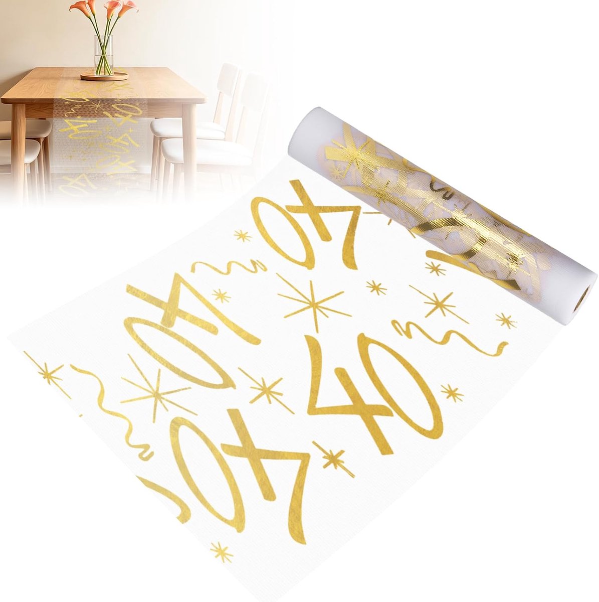 40 Jarig Jubileum Tafelloper Goud 28cmx10m, Herbruikbare Polyester Tafeldecoratie Op Maat Te Snijden, Glanzende Warmdruk Tafelloper Voor Mannen Vrouwen Verjaardagsfeest Jubileumdecoratie