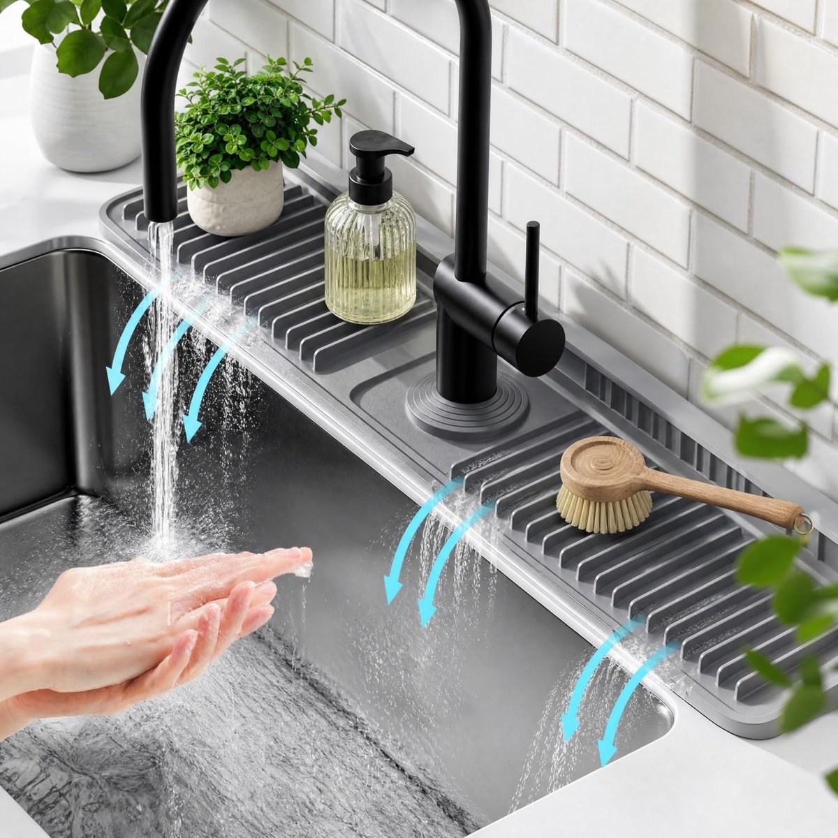 siliconen waterkraanmat voor keukengootsteen, afdruipmat waterkraan, spatbescherming met 7° helling, wateropvangmaat voor keuken en badkamer (grijs, 60 cm)