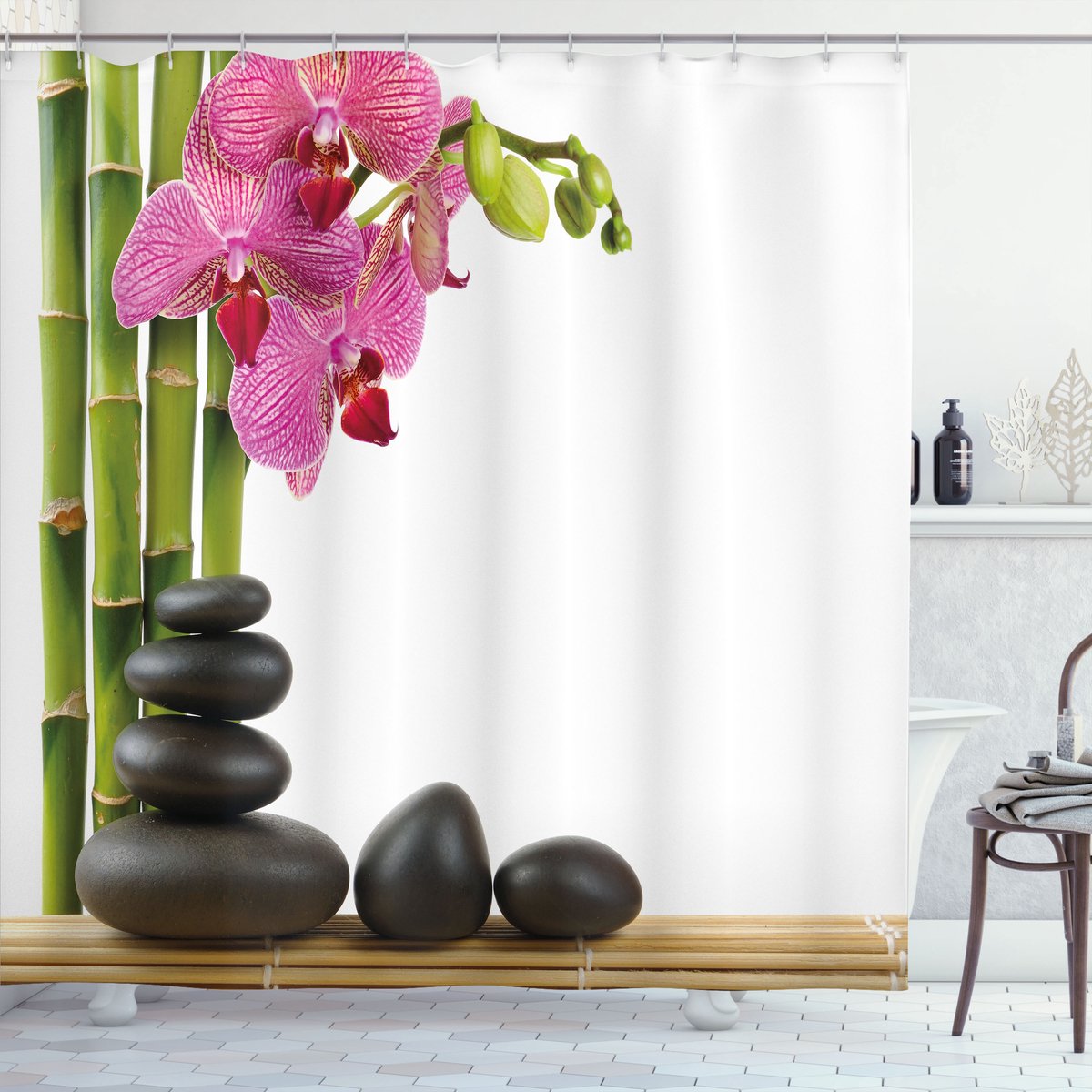 ABAKUHAUS Spa Douchegordijn, Roze Orchidee en Bamboe, Stoffen Badkamerdecoratieset met Haken, 175 x 220 cm, Zwart Groen Roze