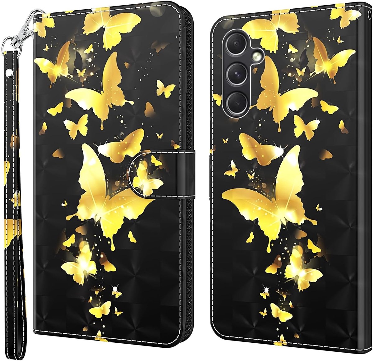 Hoes voor mobiele telefoon compatibel met Samsung Galaxy A57 5G, hoes van PU-leer, klaphoes met standaard en kaartsleuven, beschermhoes, portefeuille, case, cover, vlinders, goud/zwart