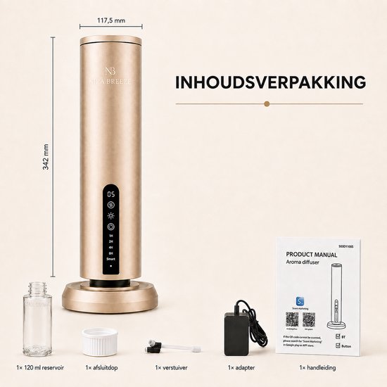 Inhoud van de verpakking van de Nira Breeze diffuser: diffuser, 120 ml reservoir, adapter, verstuiver en handleiding.