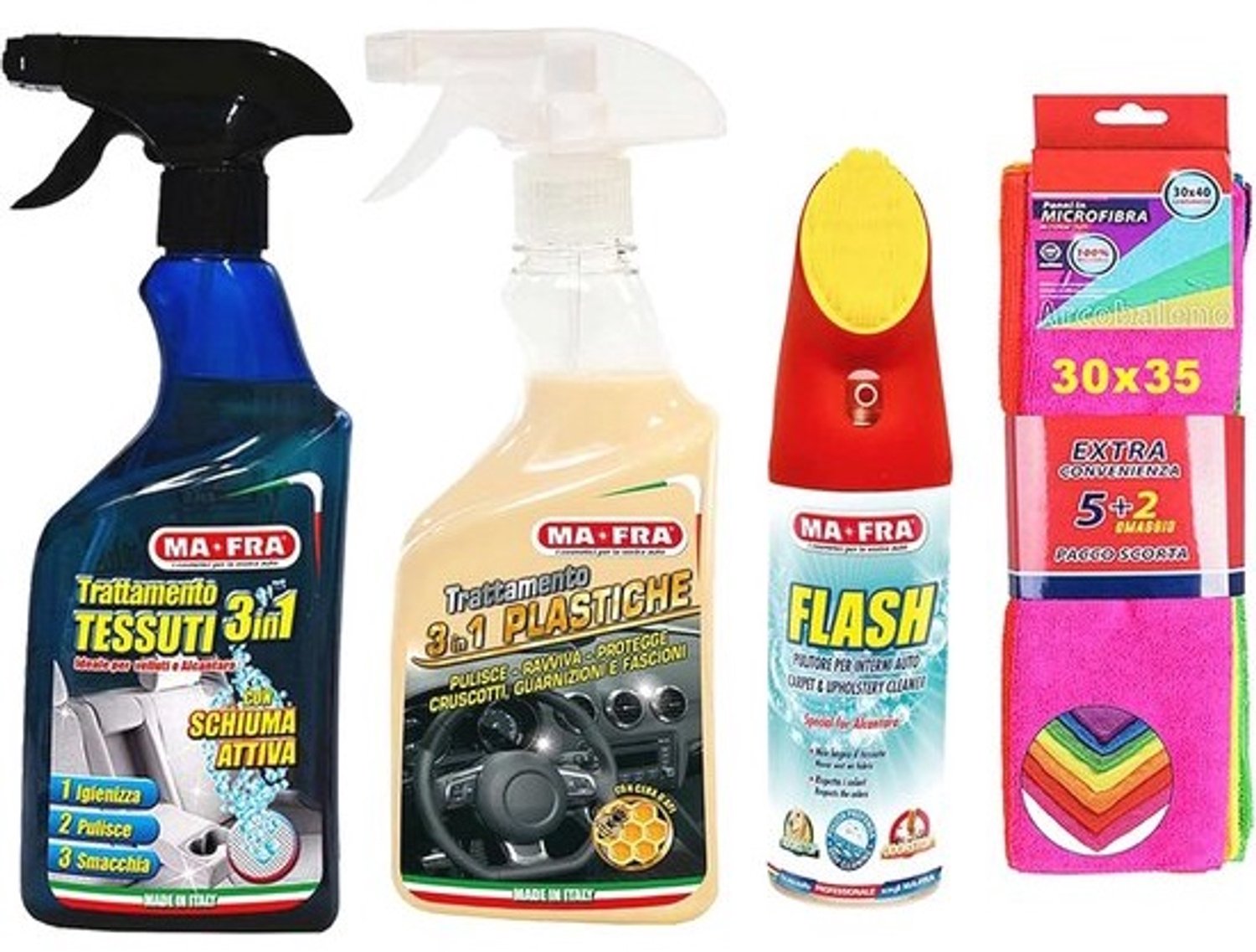 Car Treatment Set - 3-in-1 Flash Cleaner - Voor textiel en kunststof - Microvezeldoeken 30 x 35 cm