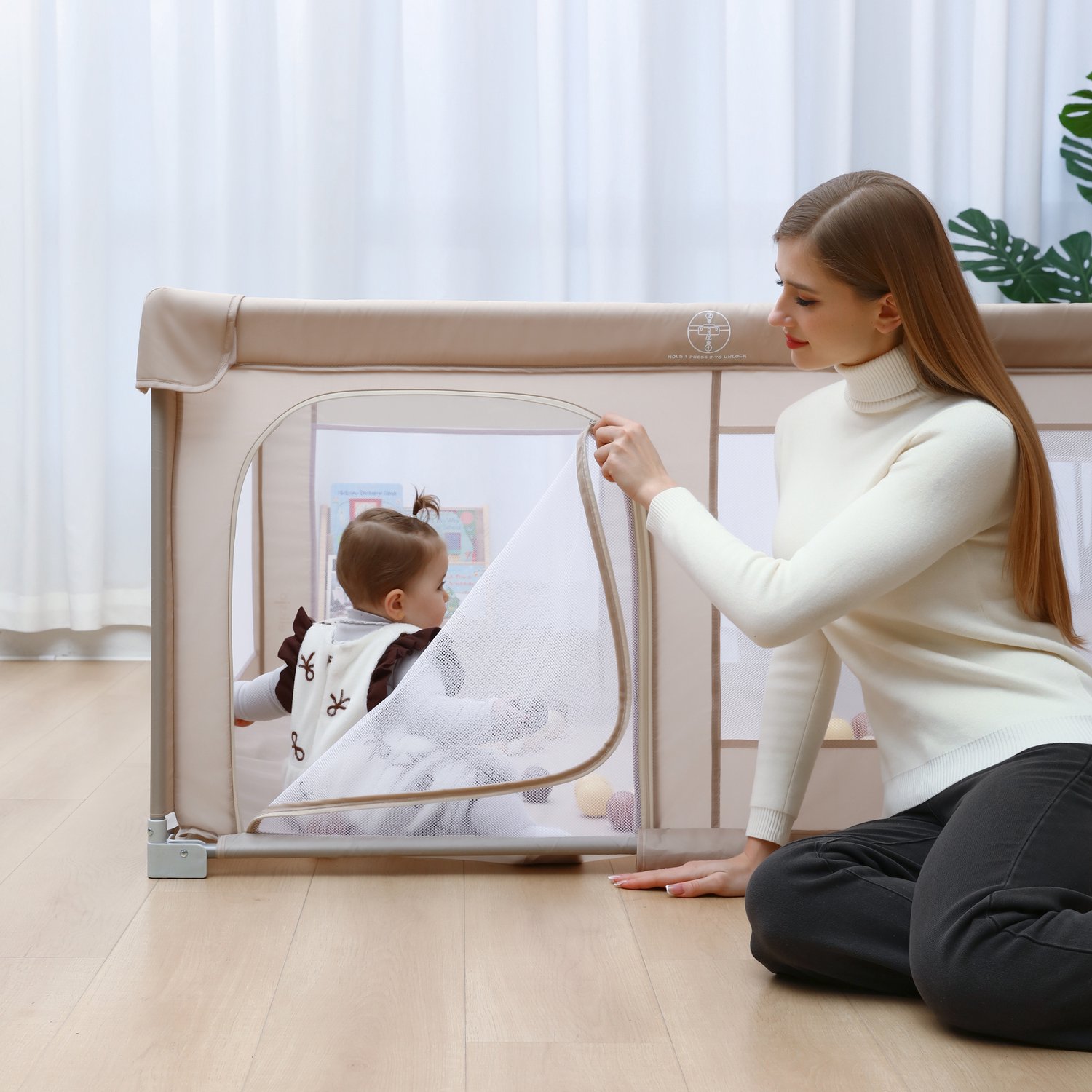 Elissio® - Grondbox Baby - Inklapbare Speelbox met XPE dubbelzijdige Speelmat & 50 Ballen - Kruipbox - Kinderbox - Playpen Baby - 150x150x76.5 CM - Beige – foto 8