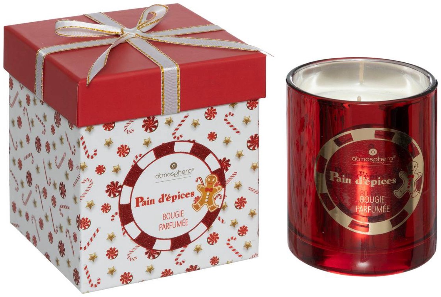 Feeric lights & Christmas Geurkaars 210 gr met glazen pot met peperkoekprint Rouge
