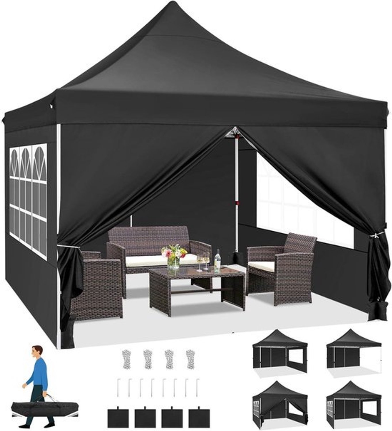 Partytent met zijwanden - Feesttent met luifel - Buitenfeesten organiseren - Waterdicht en UV-beschermend - 3 x 3 meter - Zwart