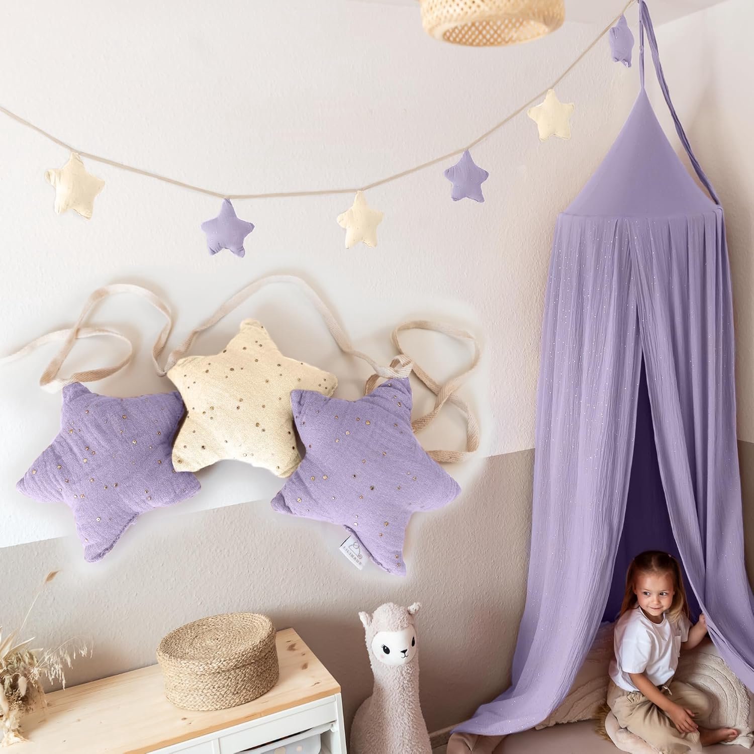 LILIMAUS Sterren slinger kinderkamer met gouden details - stoffen slinger van mousseline katoen - 300 cm - lila en crème