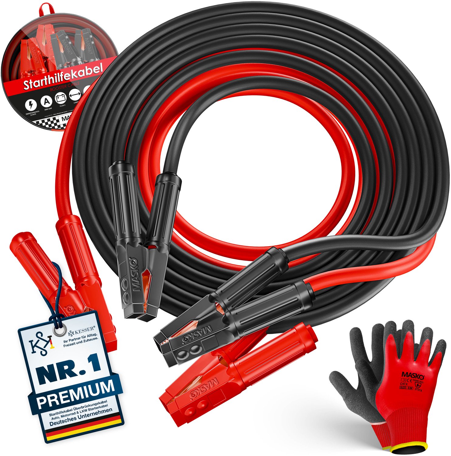 MASKO® Startkabels Auto 6 Meter 3000A voor benzine, diesel en hybride Motoren | Starthulp Jumpstarter Geschikt voor Auto, Vrachtwagen, Bus en Boot| inclusief handschoenen en opbergtas - Zwart / Rood