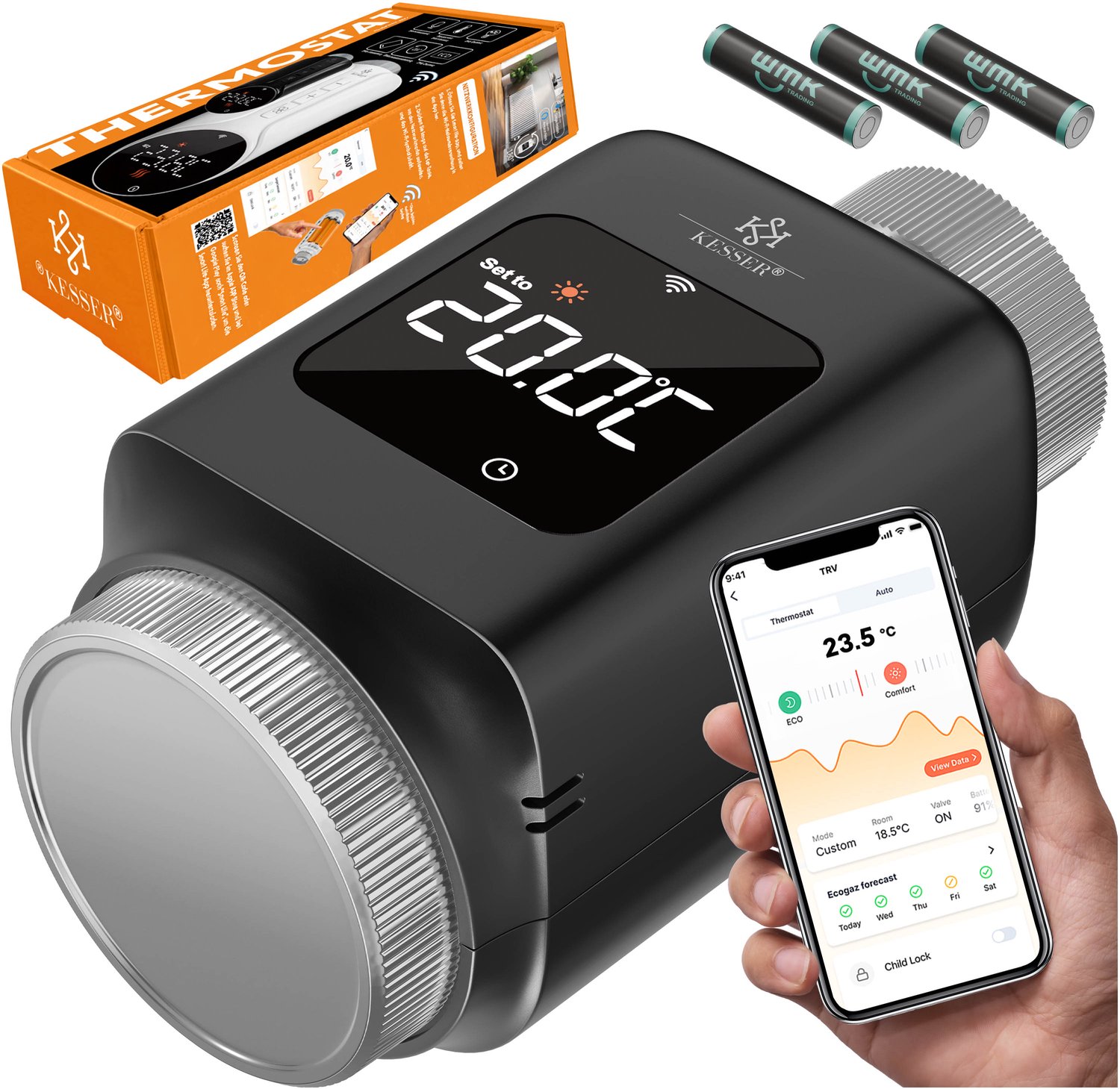 KESSER® 3x Slimme Radiatorknop Thermostaatkop Radiator Kraan | Radiatorthermostaat Knop met app-bediening en LCD-scherm - Vierkant, Zwart