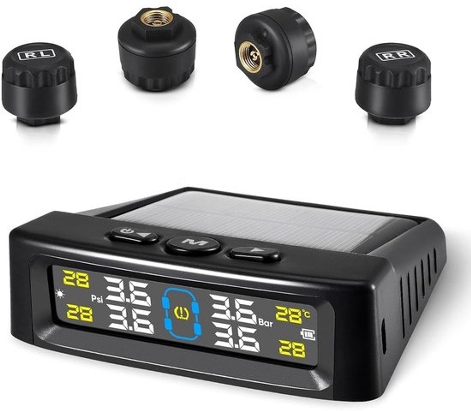Systeem voor bandenspanning - Controle van banden - Veiligheid tijdens het rijden - 4 sensoren voor buitenmontage - 1 polsband - Zwart