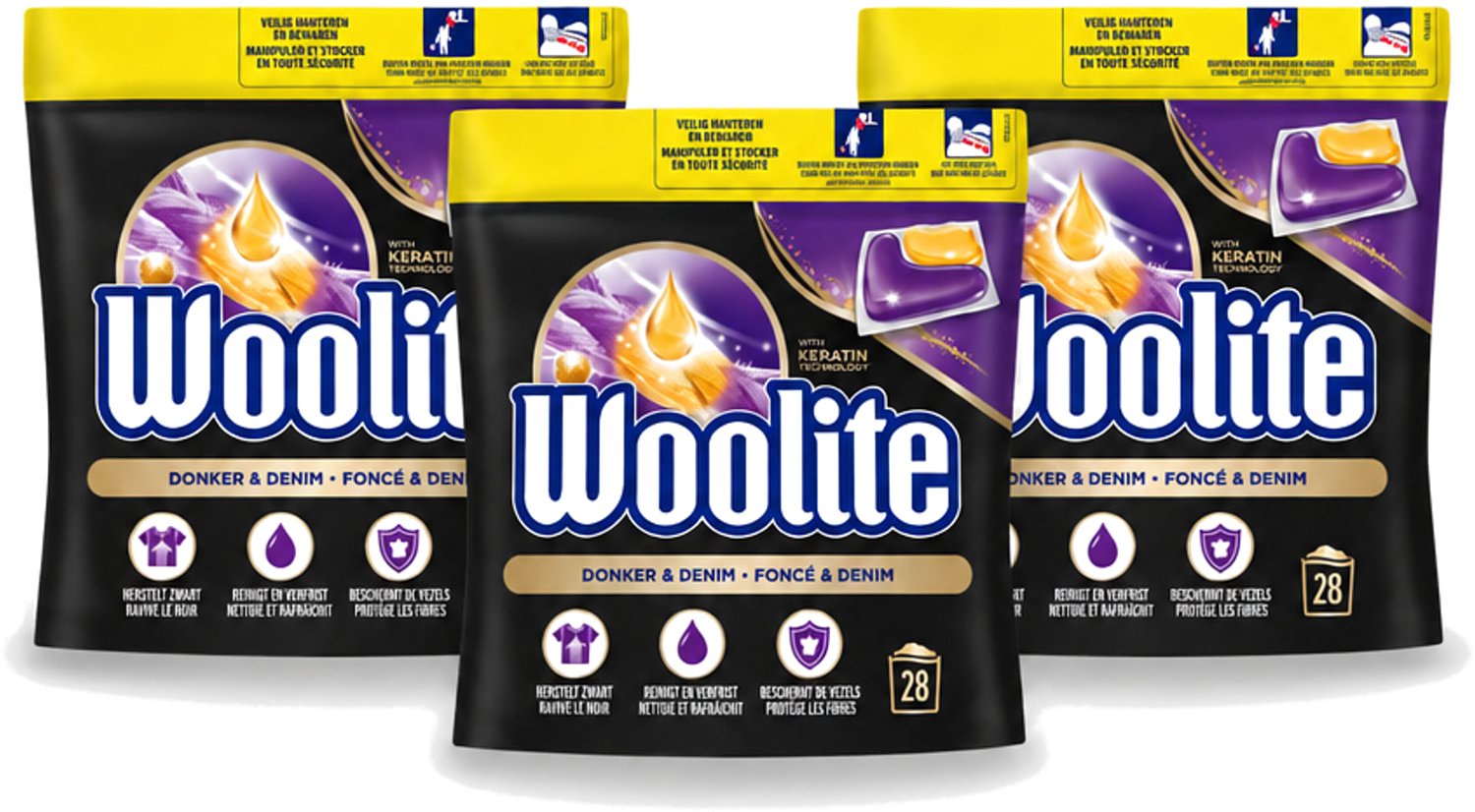 3 x Woolite Dark - Wasmiddelcapsules - Met Keratine - Donkere & Denim Was - 28 Wasbeurten - Voordeelverpakking - 3 stuks