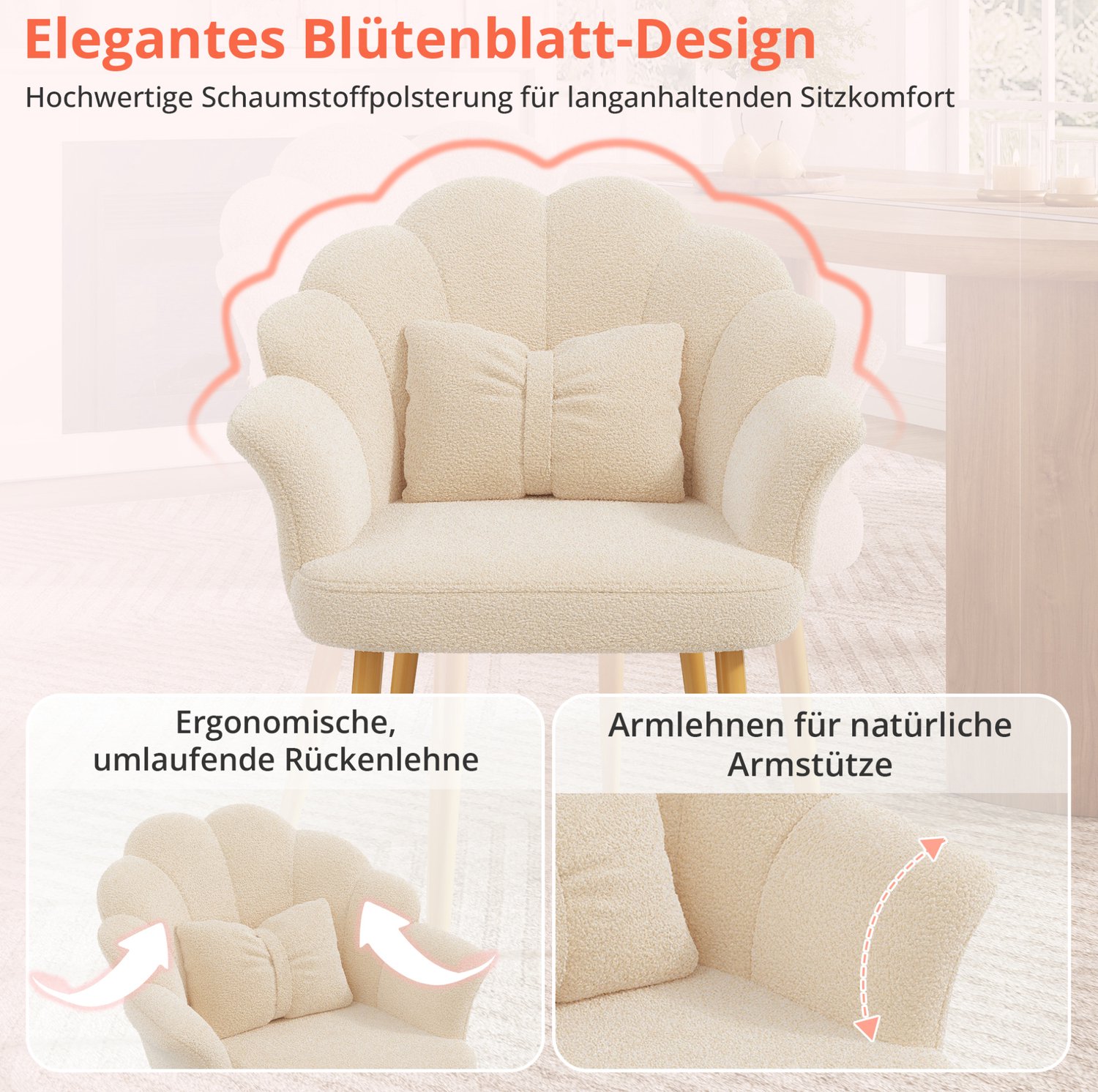 FloraGrace Eetkamerstoel Set Van 6 - Met Armleuningen, Bloembladrugleuning En Goudkleurige Metalen Poten - Teddystof - Beige