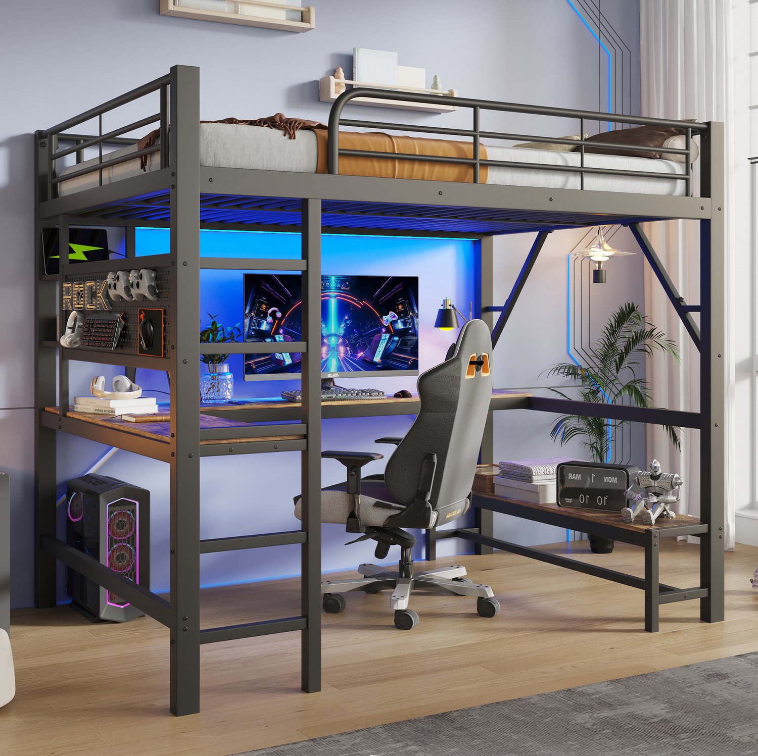 FloraGrace Hoogslaper 160x200 cm - Met Bureau, Ledverlichting en USB-C-Aansluiting - Opbergrekken en Ladder - Metaal en MDF - Zwart - Zonder Matras