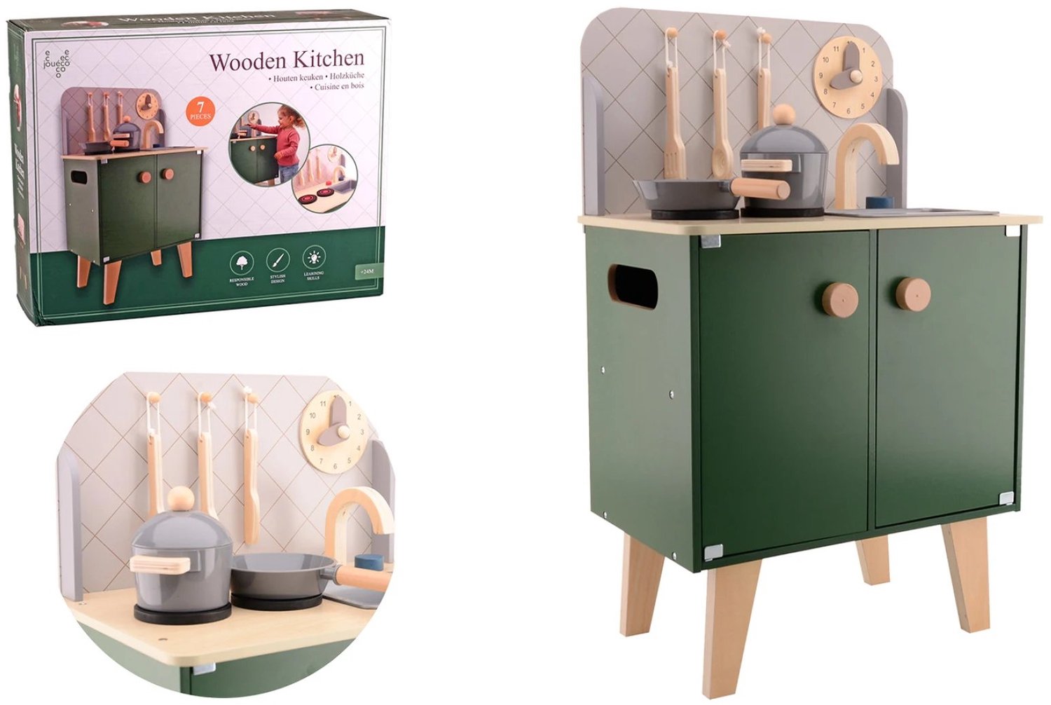 Joueco - Houten keuken met kunststof accessoires.
