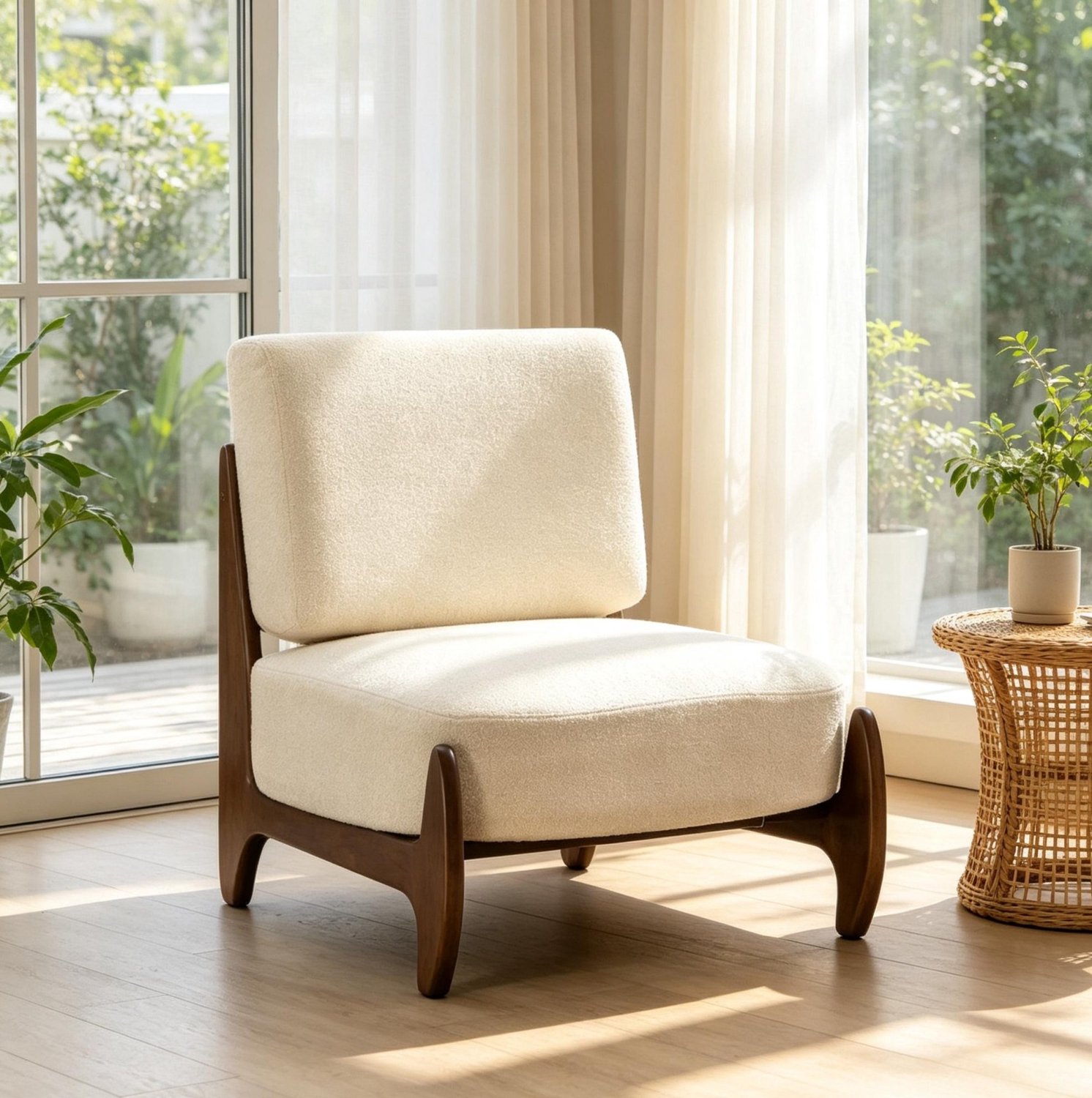DESMIU Fauteuil 72 cm - Loungestoel Met Hoge Rugleuning En Armleuningen - Voor Woonkamer En Leeshoek - Chenille En Hout Crème