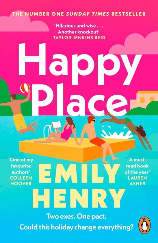 Couverture du livre Happy Place d'Emily Henry : illustration colorée de personnes à la piscine sur fond rose et bleu.