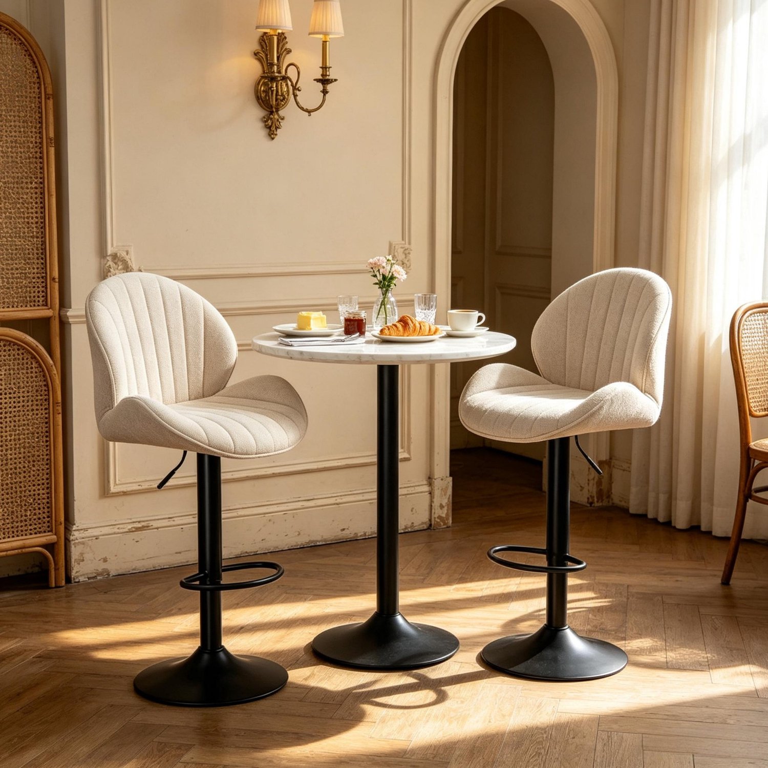 DESMIU Barkruk 48 Cm - Set Van 2 Hoogteverstelbaar En Draaibaar Met Rugleuning En Voetsteun - Voor Keukenbar En Eetkamer - Chenille Beige