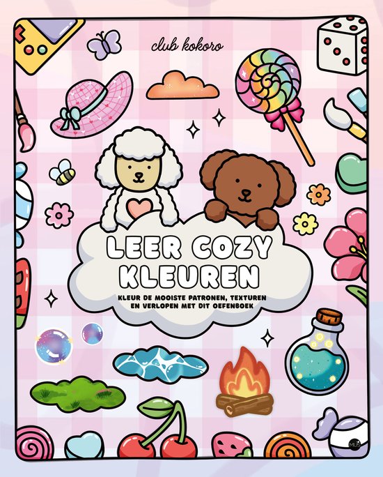 Kleurboek 'Leer Cozy Kleuren' met illustraties van honden, een lolly, een kampvuur en kersen op een roze ruitjesachtergrond.