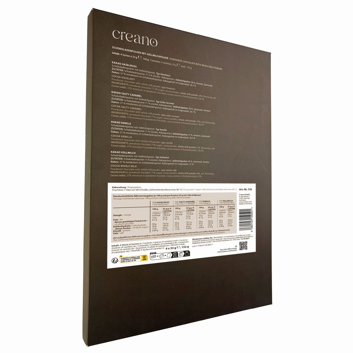 Creano Cacao-cadeauset drinkchocolade – 4 smaken: volle melk, vanille, hazelnoot & zoute karamel, 4 x 33 g – cadeau-idee voor chocoladeliefhebbers